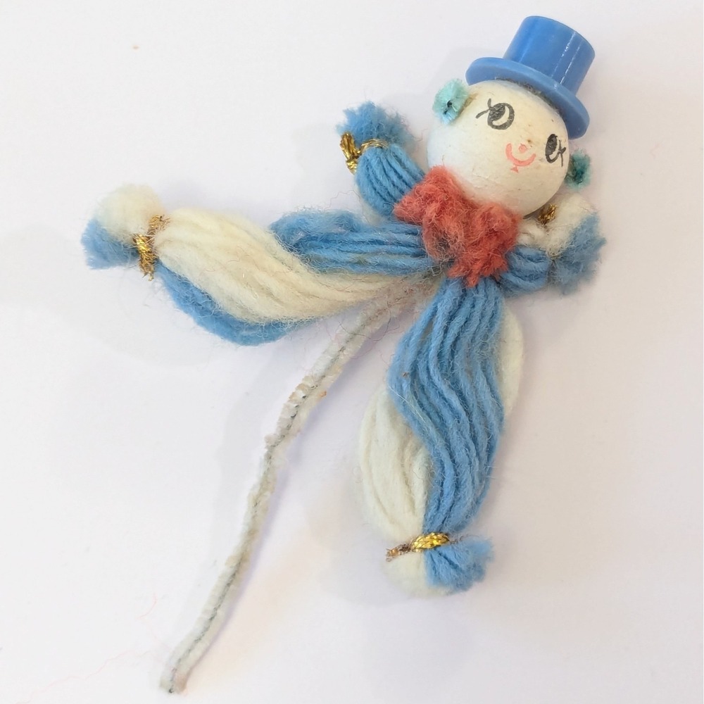 Vtg Christmas Pipe Cleaner Spun Cotton Head Yarn Top Hat Snowman Clown Ornament
